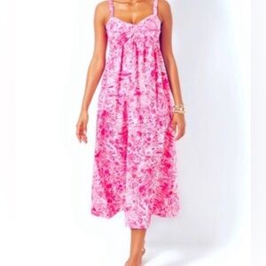 Lilly Pulitzer Azora Peony Pink Seaside Scene Cotton Midi Dress Size 8